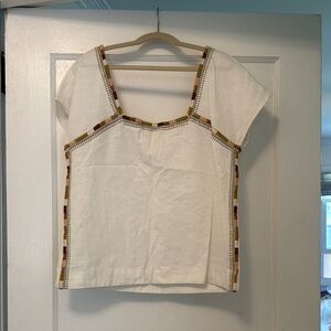 Faherty Cream and Brown Fitted Cap Sleeve Blouse